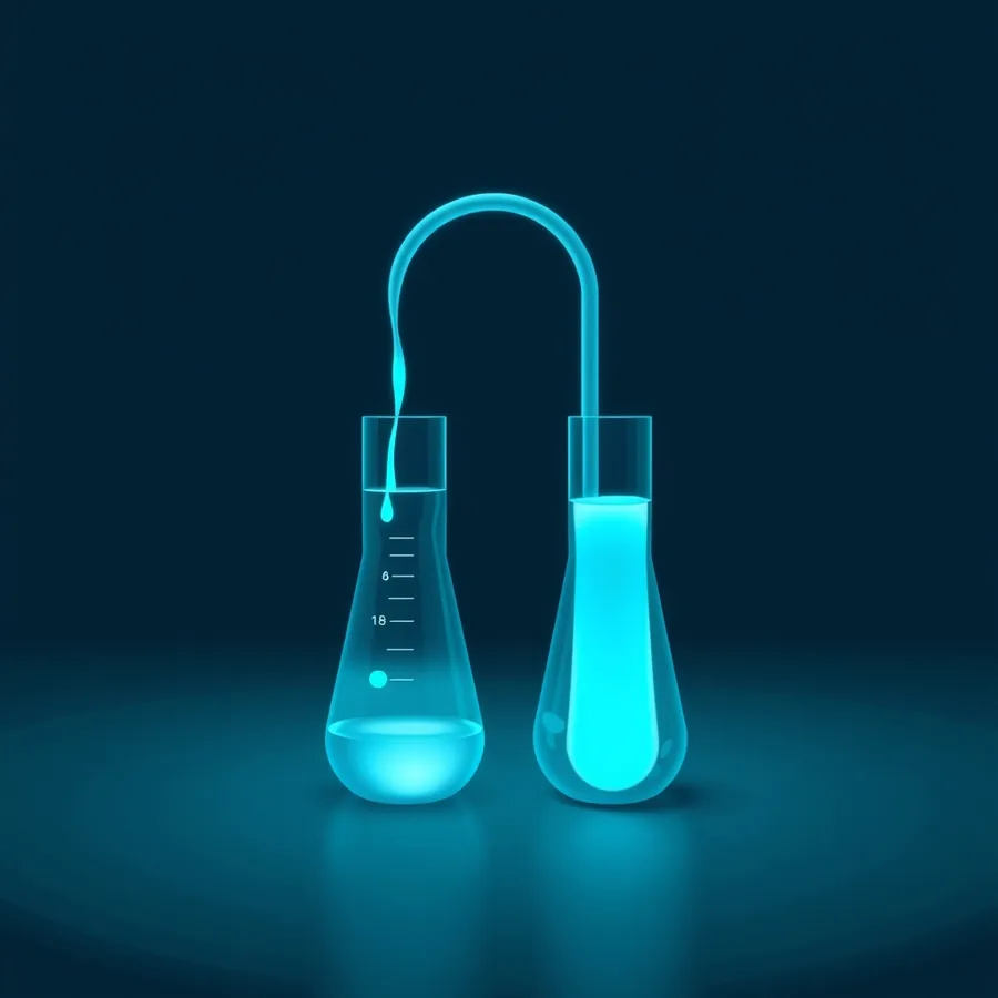 Two glass flasks side by side on a dark teal surface joined by a single curved glowing pipe, the left flask marked with faint graduation lines and holding only a shallow pool of cyan liquid fed by a thin trickle, the right flask filled to the top with bright glowing cyan liquid even though the pipe above it is empty