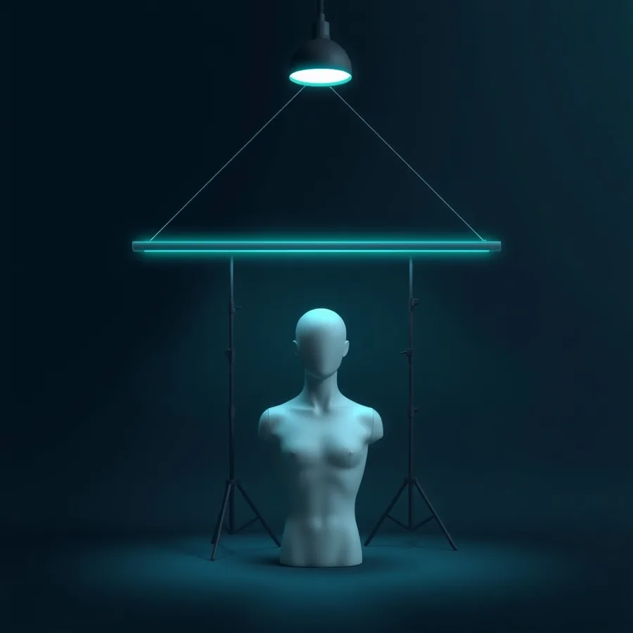 A faceless white mannequin bust on a dark studio floor beneath a glowing cyan bar suspended between two tripod stands, lit by a single hanging lamp