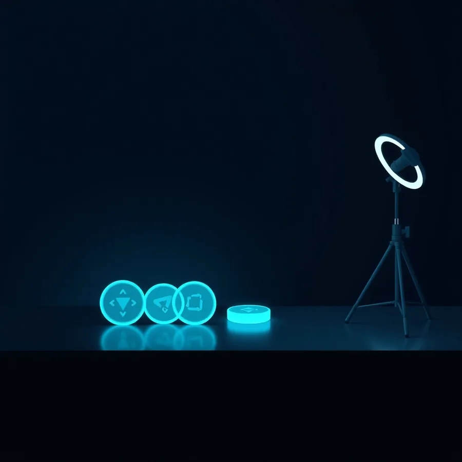 Four glowing cyan disc-shaped tokens on a dark studio desk beside a ring light on a tripod