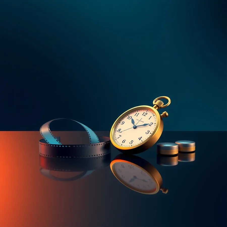 A brass stopwatch lying beside a coiled strip of film and a row of small polished balance weights on a dark reflective desk