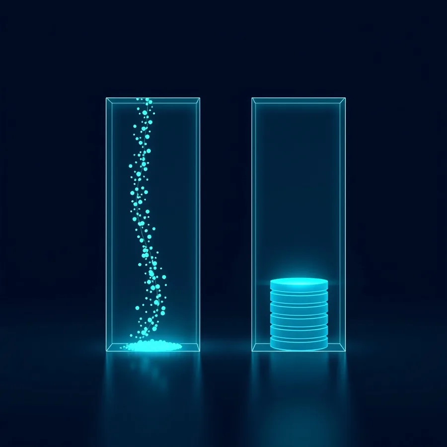 Two tall glass cases standing side by side on a dark floor, the left one holding a falling stream of small glowing cyan beads that pools at its base, the right one holding a single stack of glowing cyan discs